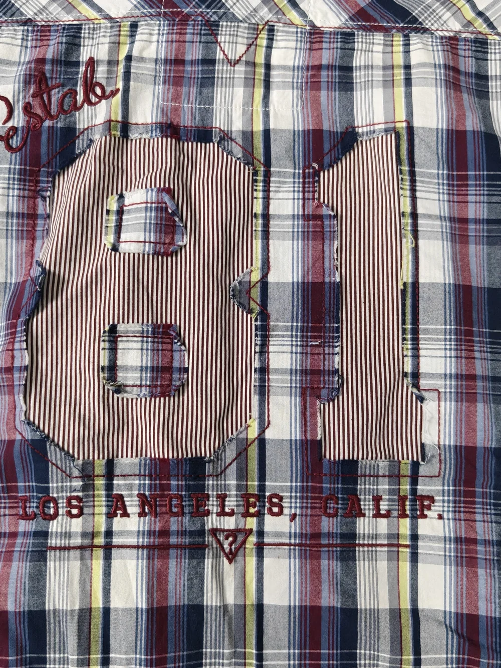 Guess Boys Plaid Button-Up Shirt in Navy, Red & White